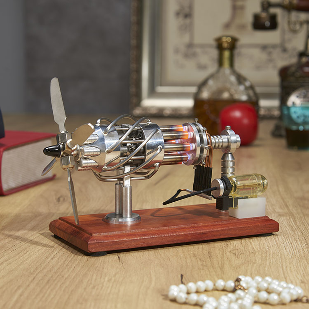 Miniature Jet Engine Model with Wooden Base
