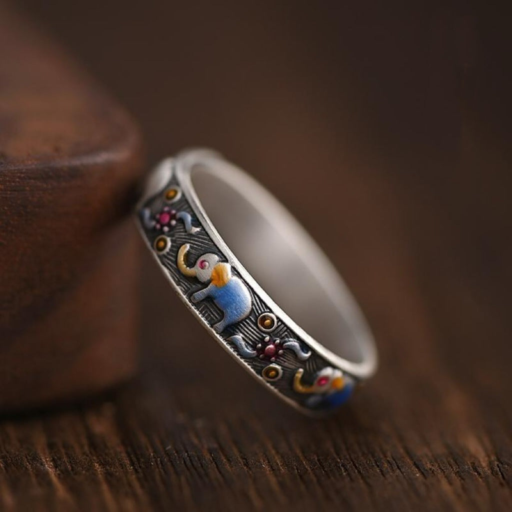 Retro Enamel Elephant Ring
